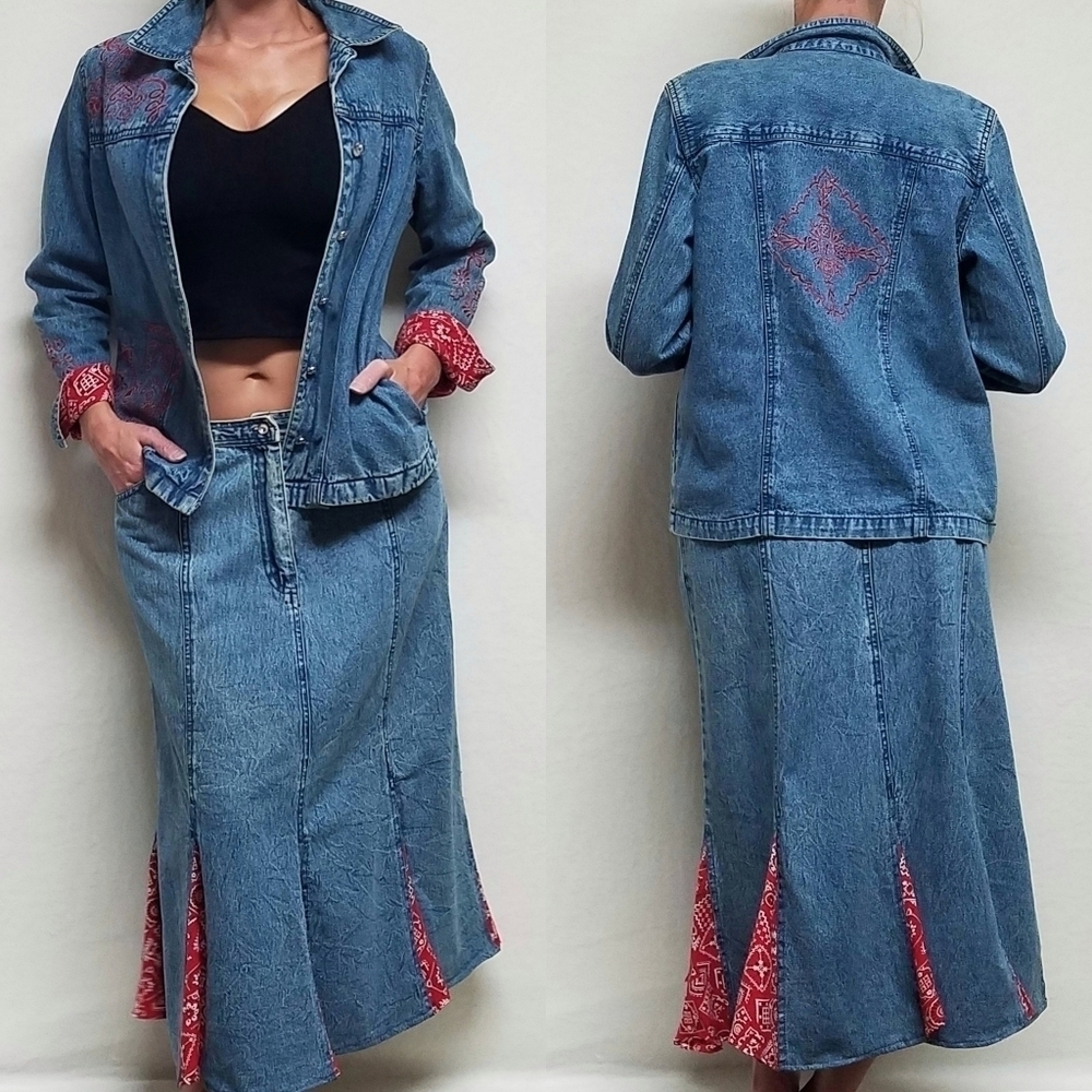 VINTAGE OOAK Mirasol Stone Wash Denim Red Bandana Jacket Maxi Skirt Outfit S-L